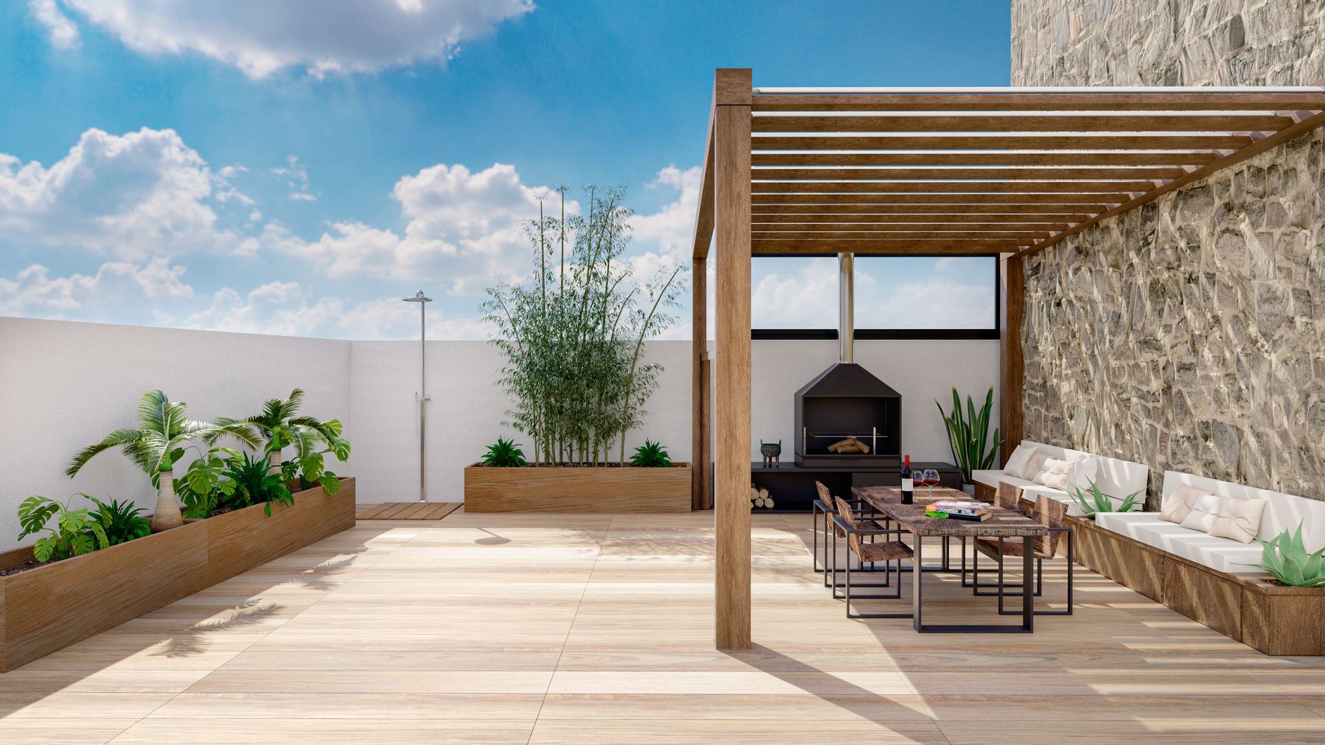 Terrasse extérieure avec pergola en bois, coin repas, barbecue et mur en pierre.