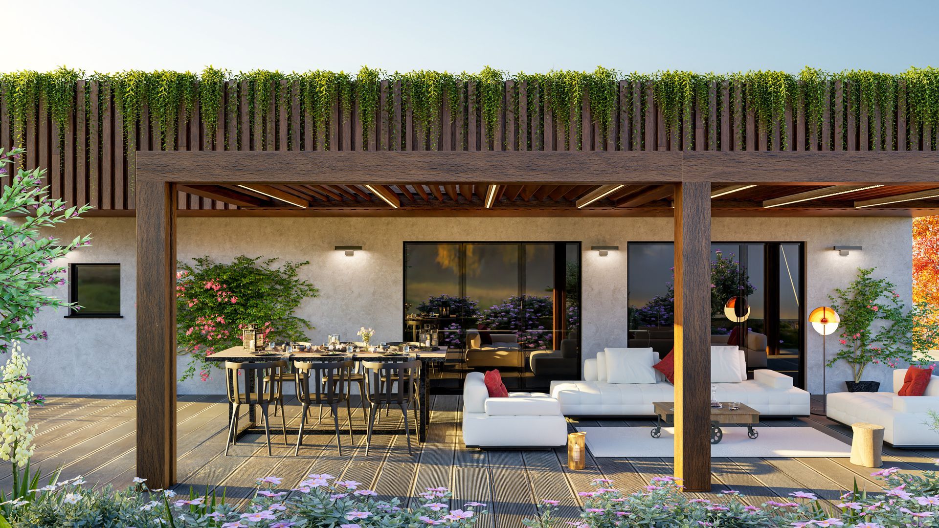 Terrasse avec espaces repas et détente sous une pergola en bois, végétation et mobilier aux tons neutres.