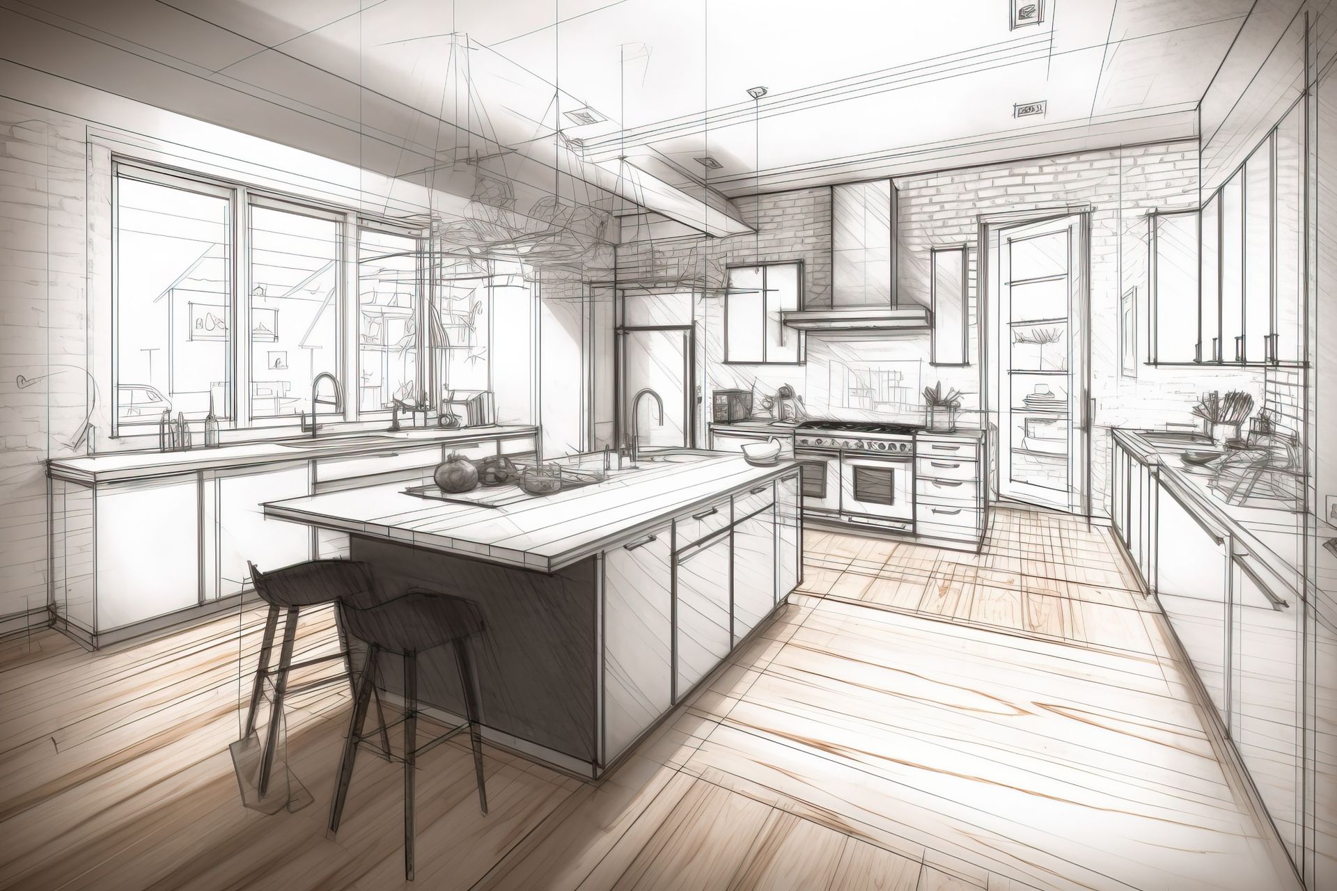 Croquis d'une cuisine moderne avec îlot central, fenêtres et placards.