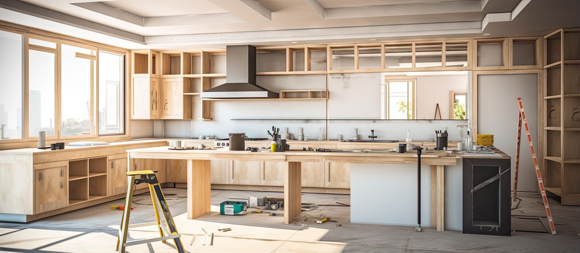 Cuisine en construction avec charpente et placards en bois apparents. Outils et matériaux éparpillés un peu partout.