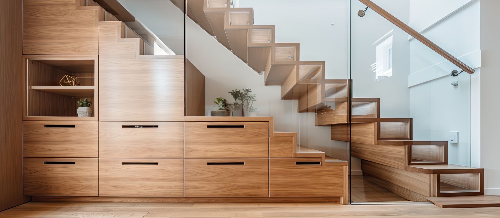 Escalier en bois avec tiroirs et étagères intégrés. Rambarde en verre et conception ouverte.
