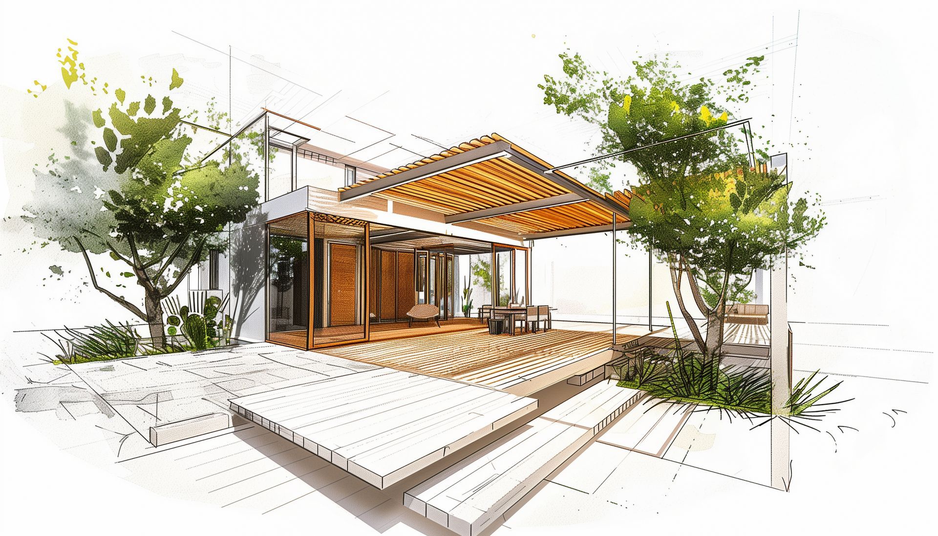 Croquis architectural d'une maison moderne avec terrasse en bois, pergola et végétation environnante.