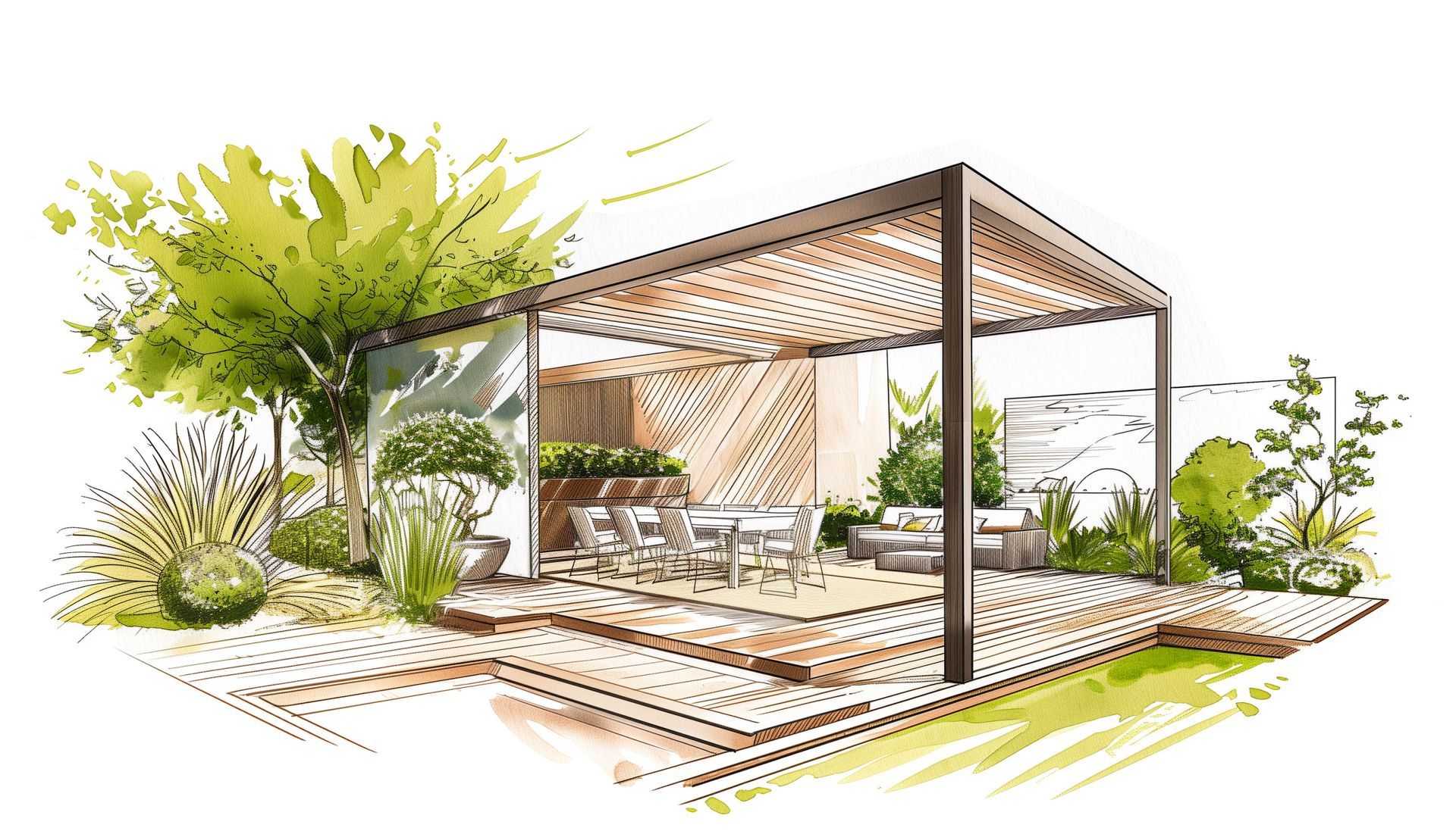 Terrasse extérieure avec pergola, ensemble de salle à manger et verdure environnante.