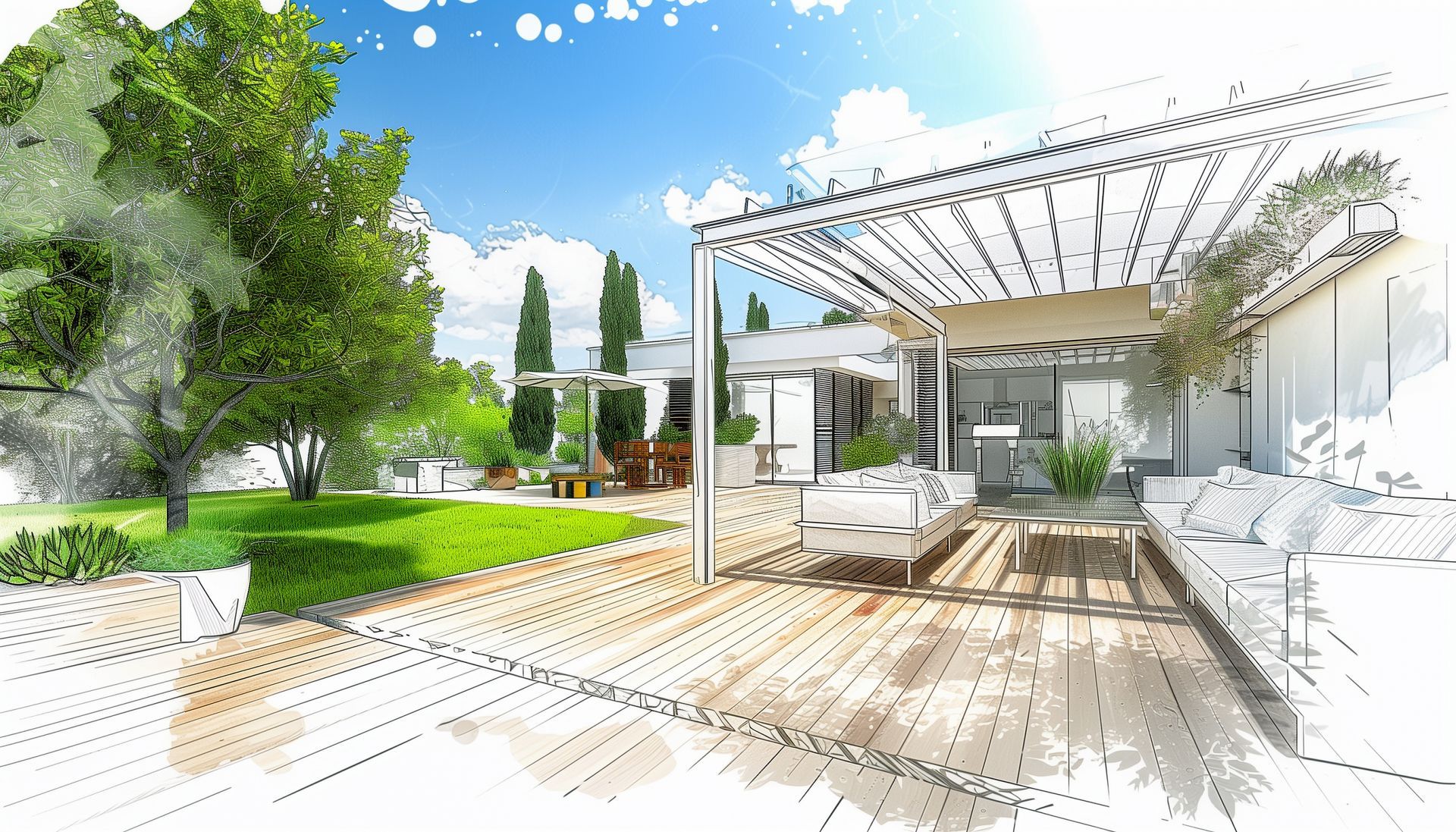 Terrasse extérieure avec plancher en bois, pergola blanche et mobilier moderne.