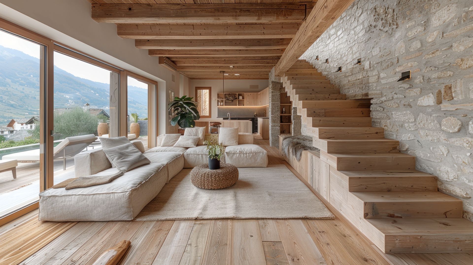 Salon moderne et chaleureux avec poutres apparentes, mur en pierre et grandes fenêtres donnant sur la montagne.