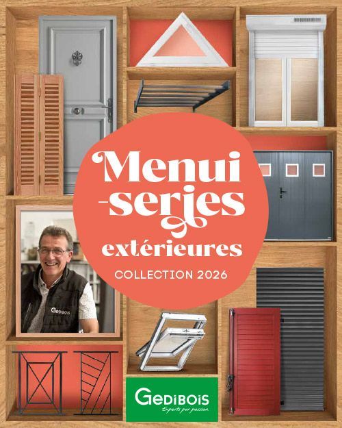 Couverture de catalogue présentant des produits de menuiserie extérieure, collection 2025.