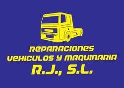 A blue and yellow logo for reparaciones vehiculos y maquinaria r.j. s.l.