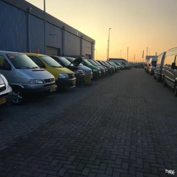 Una fila de furgonetas están estacionadas frente a un edificio