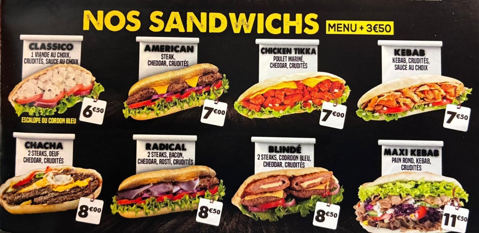 Tableau des menus de sandwichs présentant huit options de sandwichs avec photos, noms et prix.