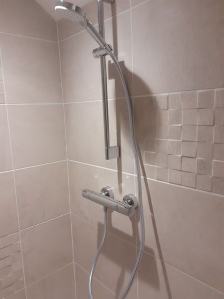 Cabine de douche avec douchette à main chromée et barre de commande sur un mur carrelé.