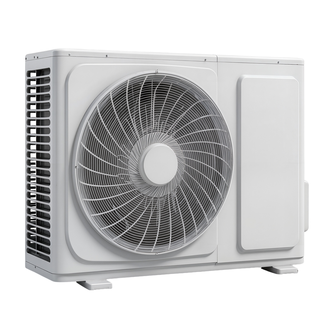 Unité extérieure de climatisation avec une grande grille de ventilateur circulaire.