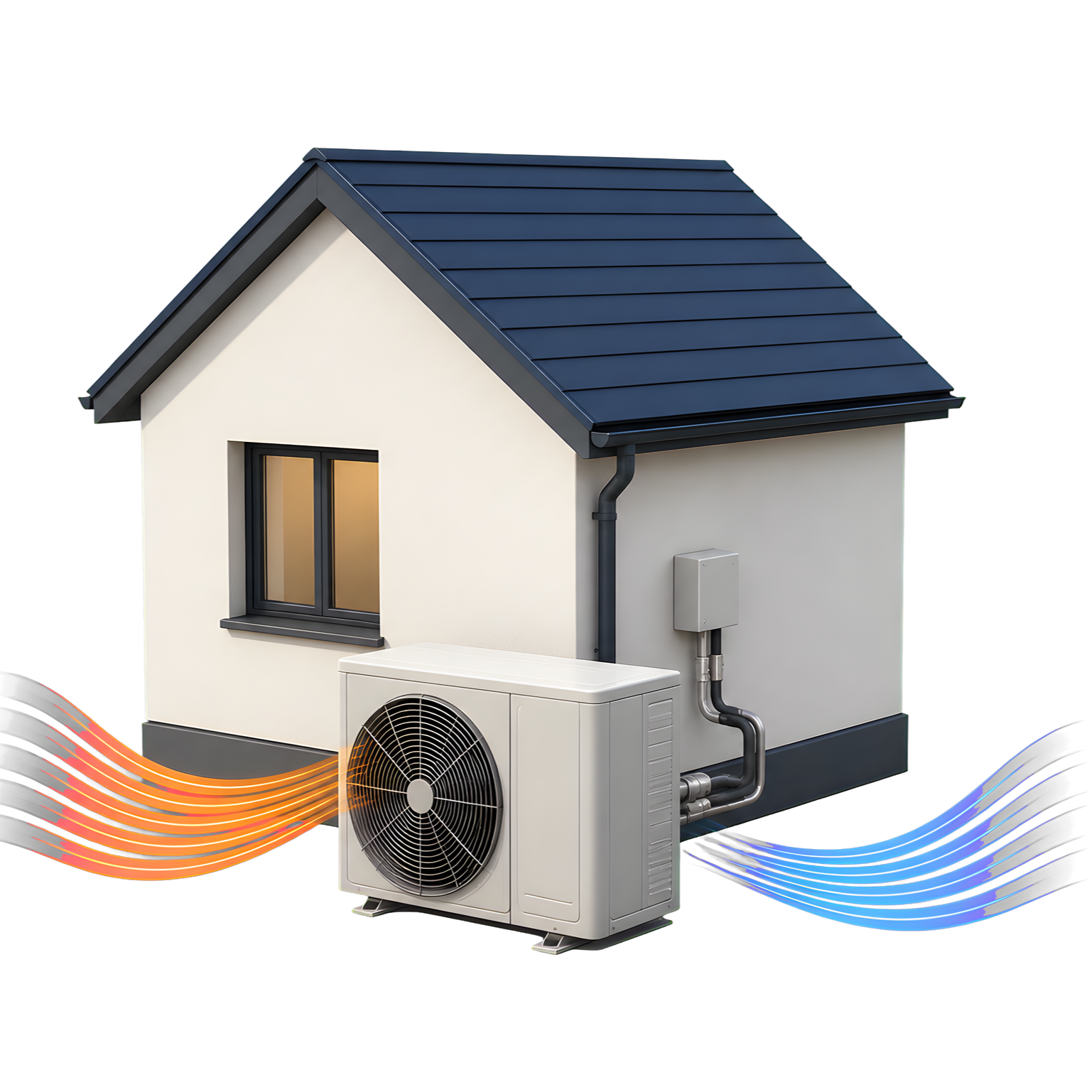 Maison équipée d’une pompe à chaleur extérieure, avec un flux d’air chaud entrant et un flux d’air frais sortant.
