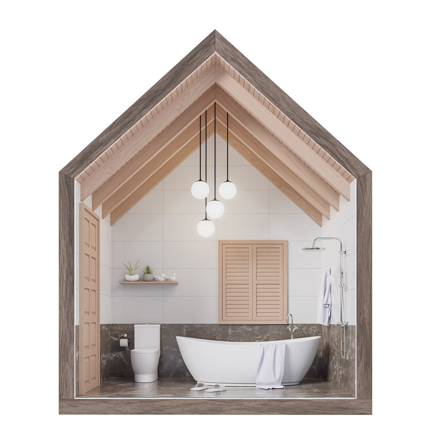 Salle de bains mansardée avec des murs lambrissés, une baignoire, des toilettes, un lavabo et des suspensions lumineuses.