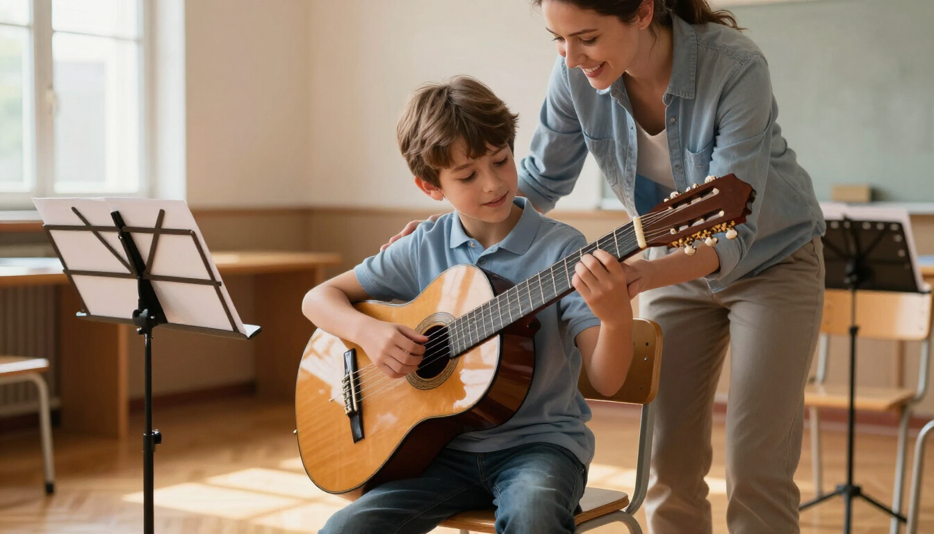 Niño practicando guitarra en una clase de música