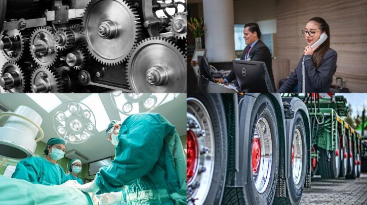 En el sentido de las agujas del reloj, desde la esquina superior izquierda: engranajes industriales, personas en una oficina, ruedas de camión, equipo quirúrgico.