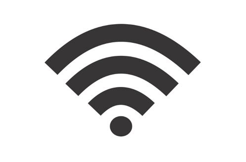 Icono de señal Wi-Fi, gris, con tres líneas curvas que emanan de un pequeño círculo.