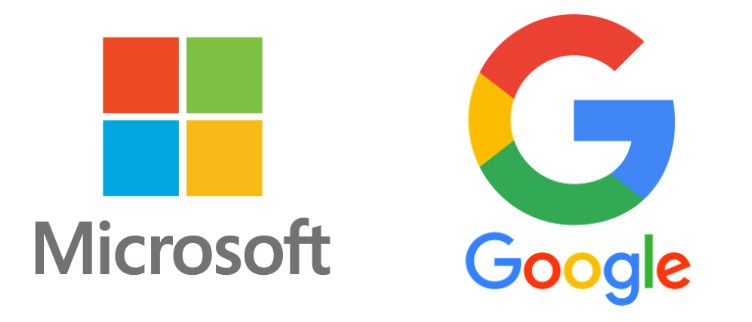Logotipos de Microsoft y Google. El logotipo de Microsoft es un cuadrado formado por cuatro cuadrados de colores. El logotipo de Google es una G multicolor.