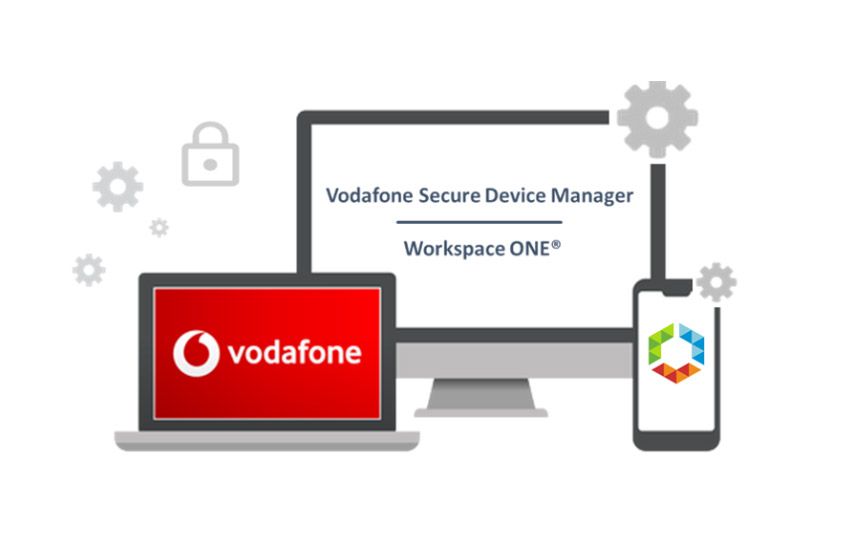 Vodafone Secure Device Manager en ordenador, portátil y teléfono con el logotipo de Workspace ONE.