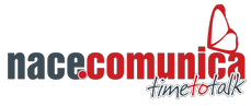 Logotipo de "nacecomunica" con gráfico de mariposa y lema "hora de hablar".