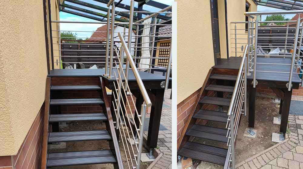 Zwei Ansichten einer Metallaußentreppe neben einem Gebäude mit Geländern und einem überdachten Treppenabsatz.
