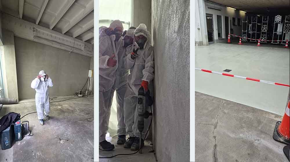 Dreiteilige Ansicht von Arbeitern in Schutzanzügen in einem Industriegebäude; einer besprüht eine Wand, während ein anderer in der Nähe entlanggeht.