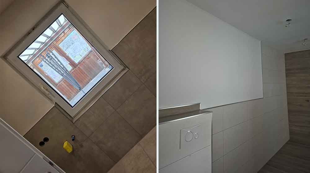 Kleines gefliestes Badezimmer und angrenzender Raum mit Dachfenster und hellen Wänden.