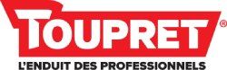 A red and white logo for toupret l' enduit des professionnels.