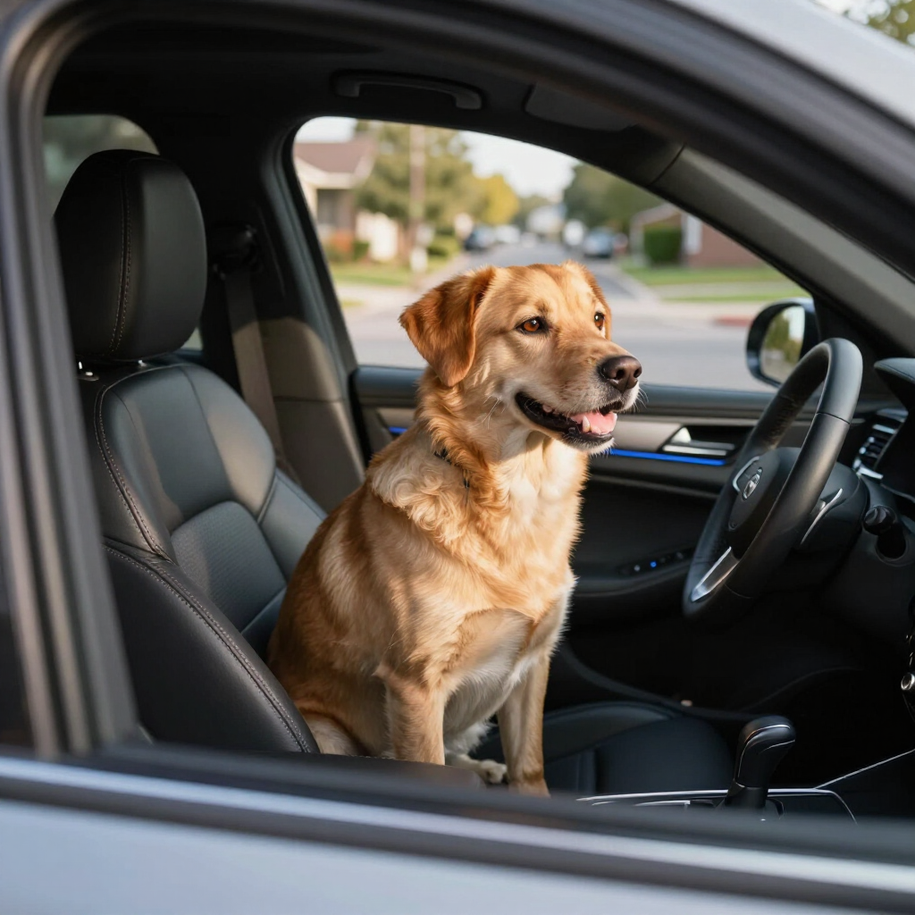 Un golden retriever sentado en el asiento del conductor de un coche, mirando por la ventana y sonriendo.