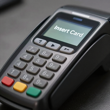 Terminal de tarjeta de crédito que muestra “Insertar tarjeta” en la pantalla, con teclado y botones de colores.