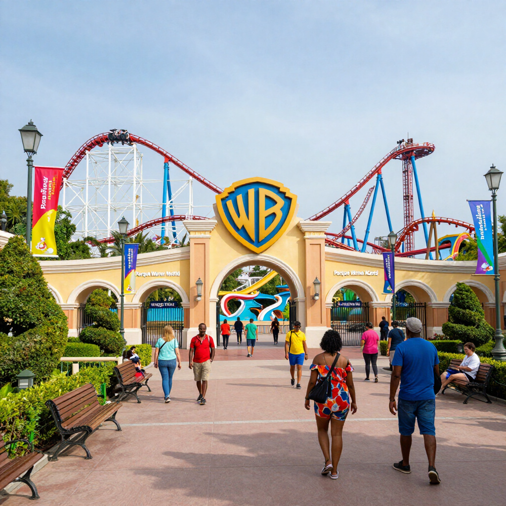 Entrada al parque temático de Warner Bros. con el logotipo de WB, una colorida montaña rusa y visitantes caminando hacia adentro.