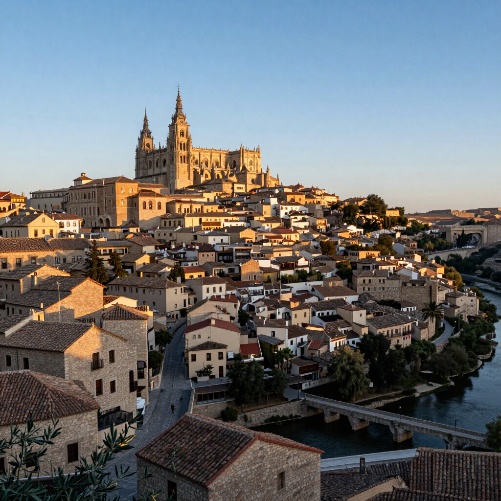 Pueblo soleado en la ladera de una colina con una catedral que domina las casas de tejados rojos y un río al atardecer.