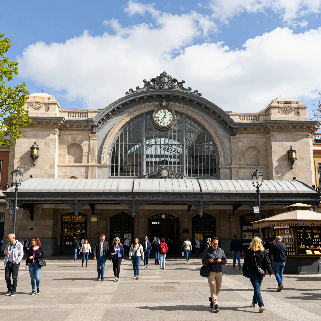 Entrada a una concurrida estación de tren con un gran reloj arqueado y gente caminando delante.