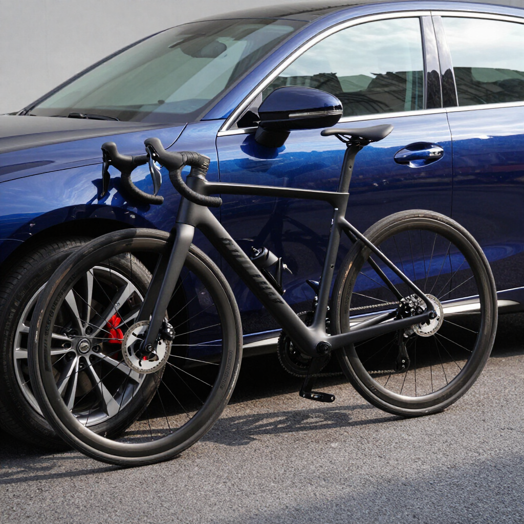 Dos bicicletas de carretera aparcadas delante de un coche azul en una calle.