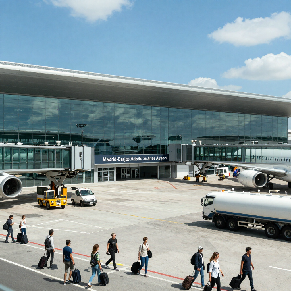 Plataforma de la terminal del aeropuerto con pasajeros caminando junto a autobuses, un camión cisterna y aviones bajo un cielo azul.