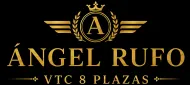 Logotipo de Gold Angel Rufo con escudo de laurel y alas sobre fondo negro, con la inscripci&oacute;n &ldquo;VTC 8 Plazas&rdquo;.