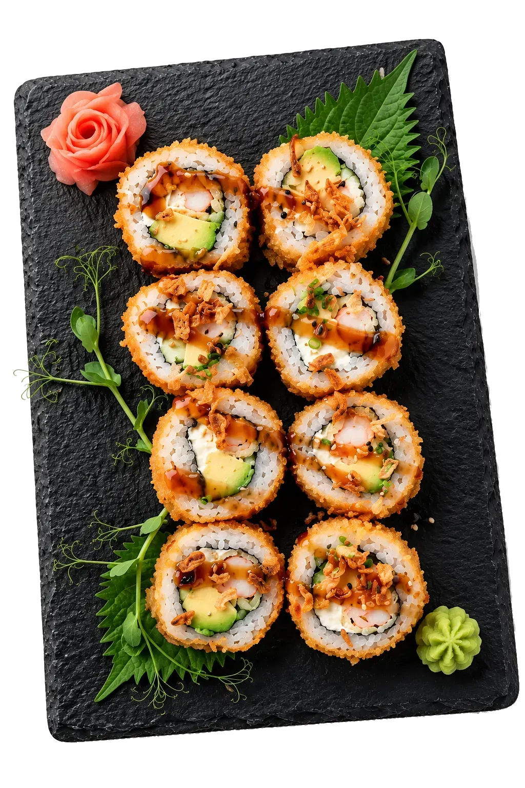 Seis rollos de sushi en una bandeja de pizarra negra, adornados con hierbas y una flor rosa.