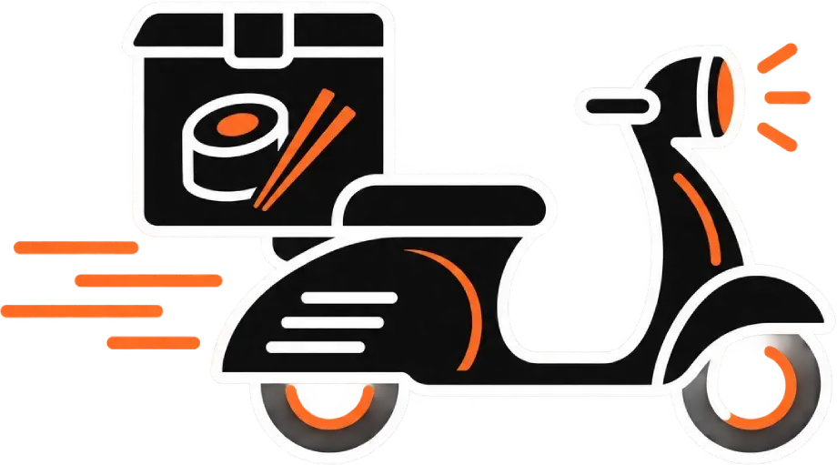 Scooter negro con detalles naranjas junto a un icono de una bolsa de reparto de sushi.