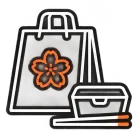 Bolsa de compras con logo de flor naranja, además de cartera y bolígrafo a juego.