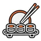 Plato de sushi estilizado con tres rollos, palillos y un fondo de plato naranja.