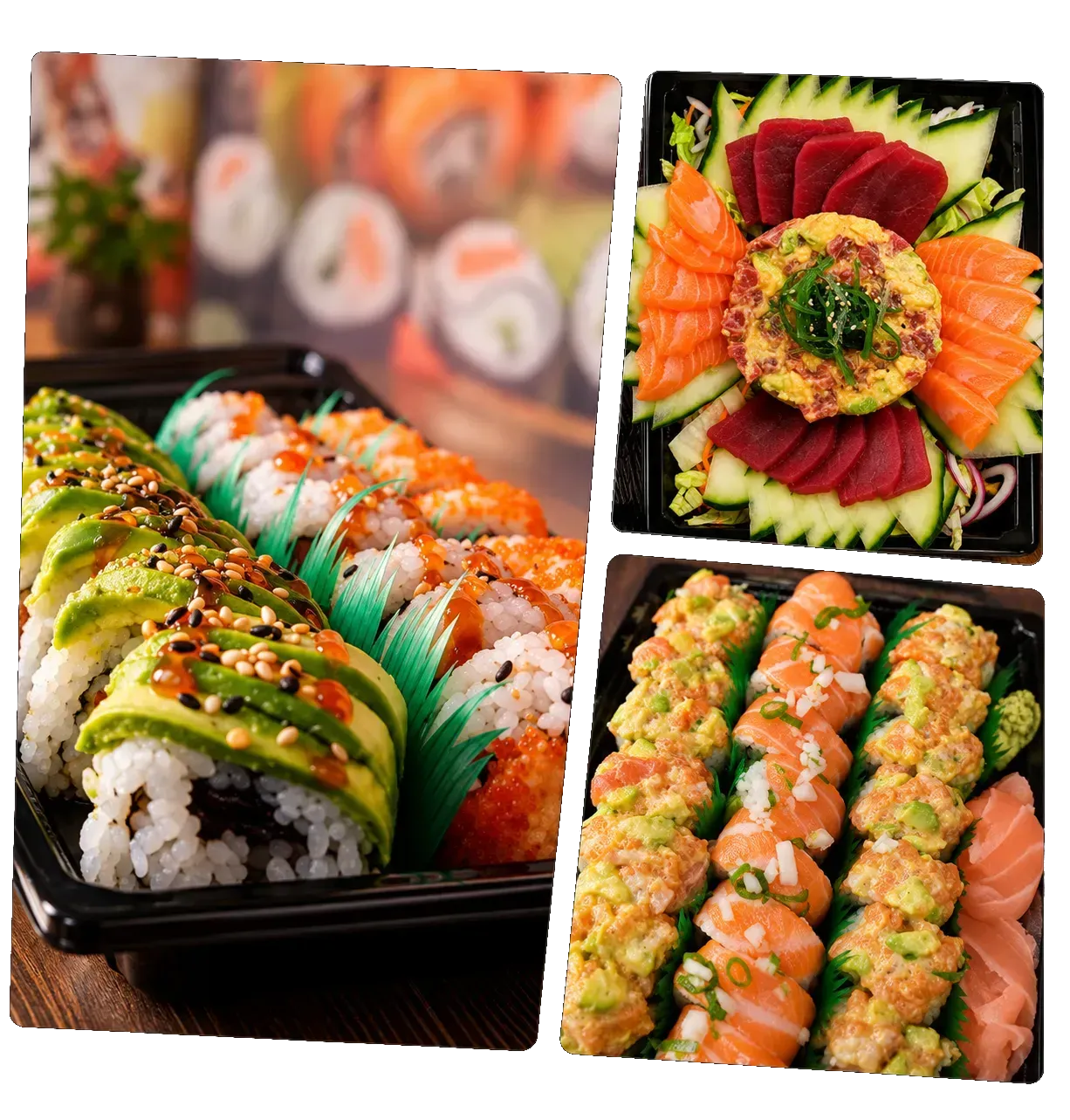 Variedad de platos de sushi con coloridos rollos y nigiri de salmón dispuestos en bandejas negras.