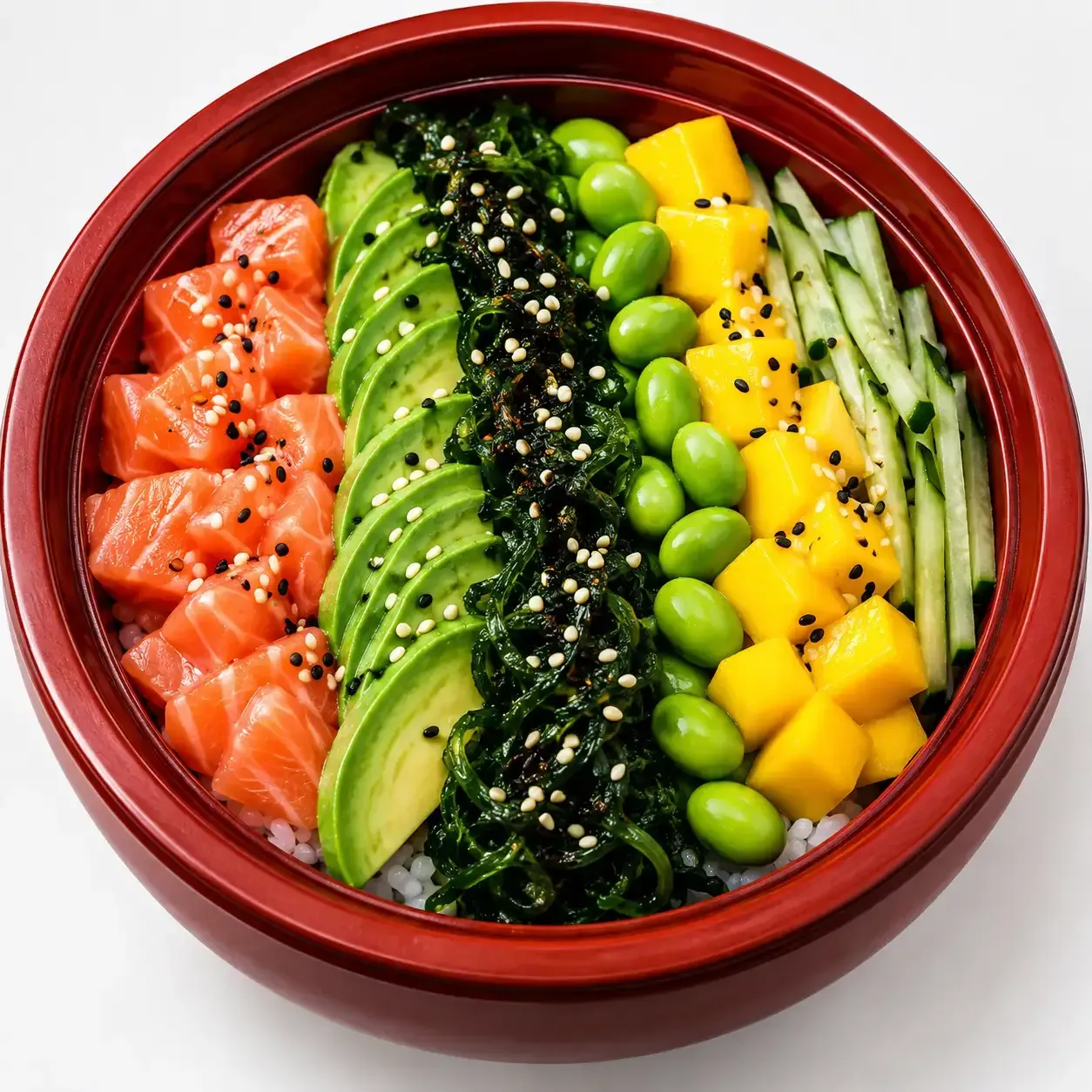 Poke bowl colorido con salmón, aguacate, mango, edamame, pepino y algas en un tazón rojo.