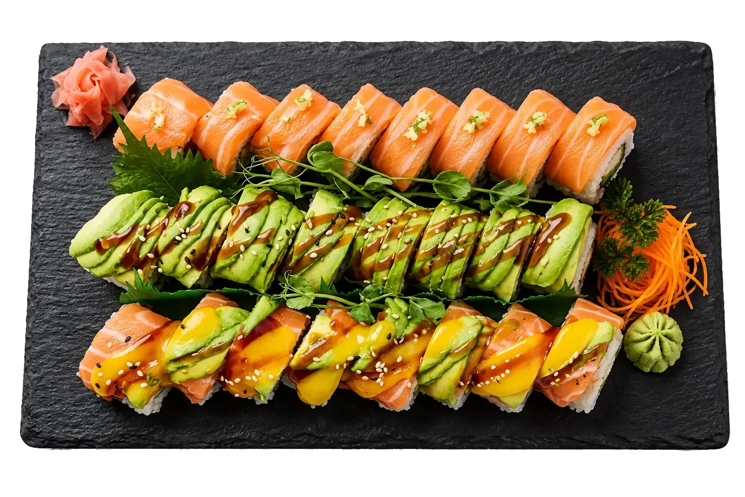 Surtido de rollos de sushi y sashimi dispuestos en una bandeja de pizarra negra con guarnición.
