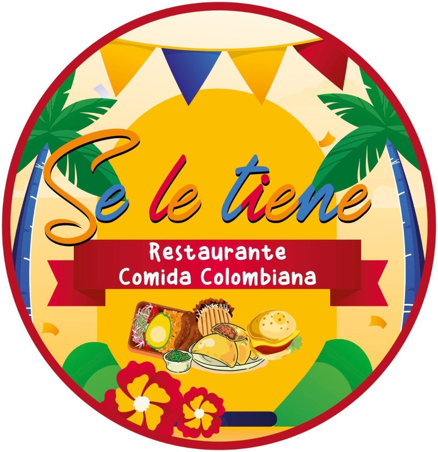Un logotipo circular para un restaurante colombiano llamado "Se le tiene"