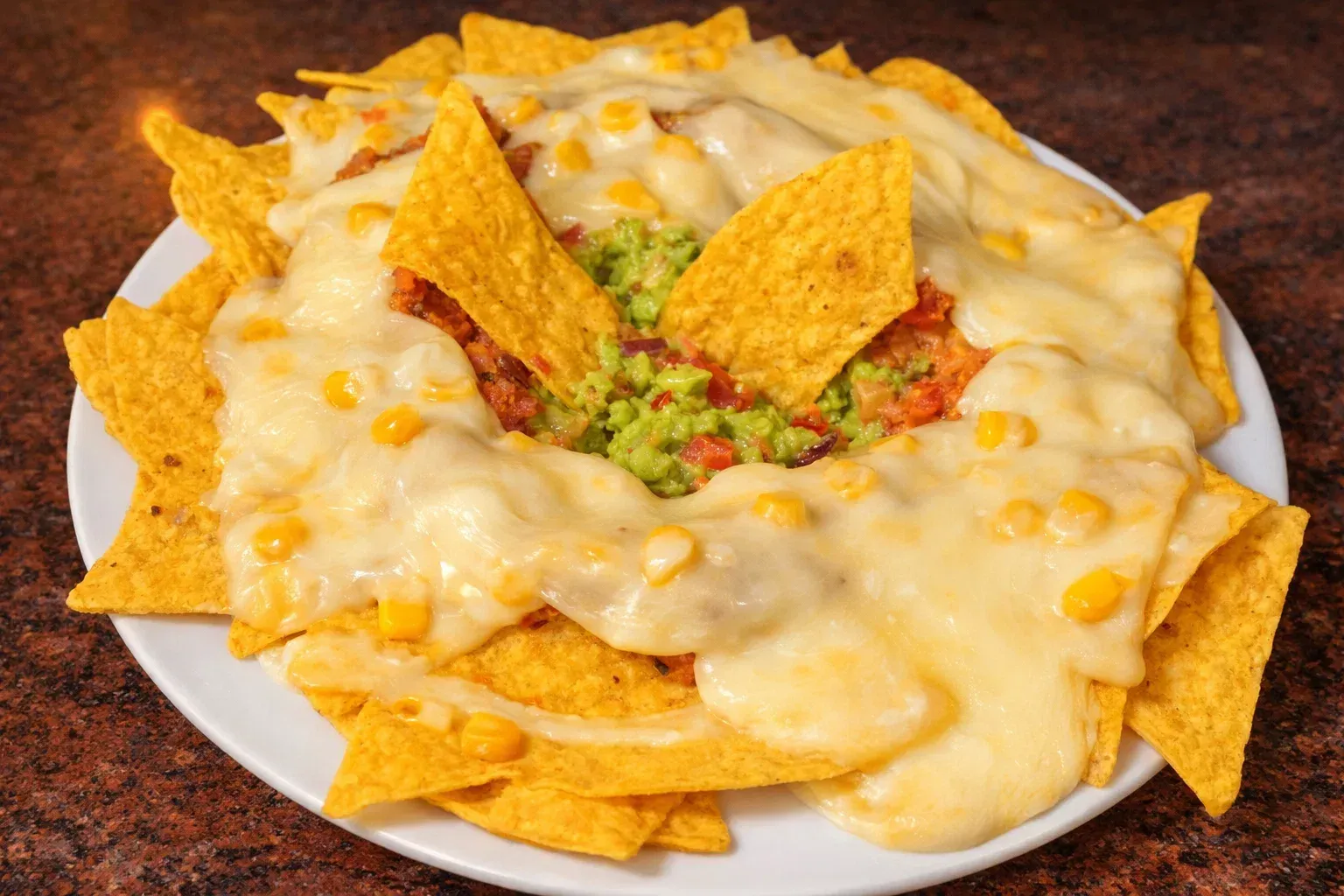 Un plato de totopos dorados cubiertos con queso amarillo derretido, granos de maíz y una porción central de guacamole verde.
