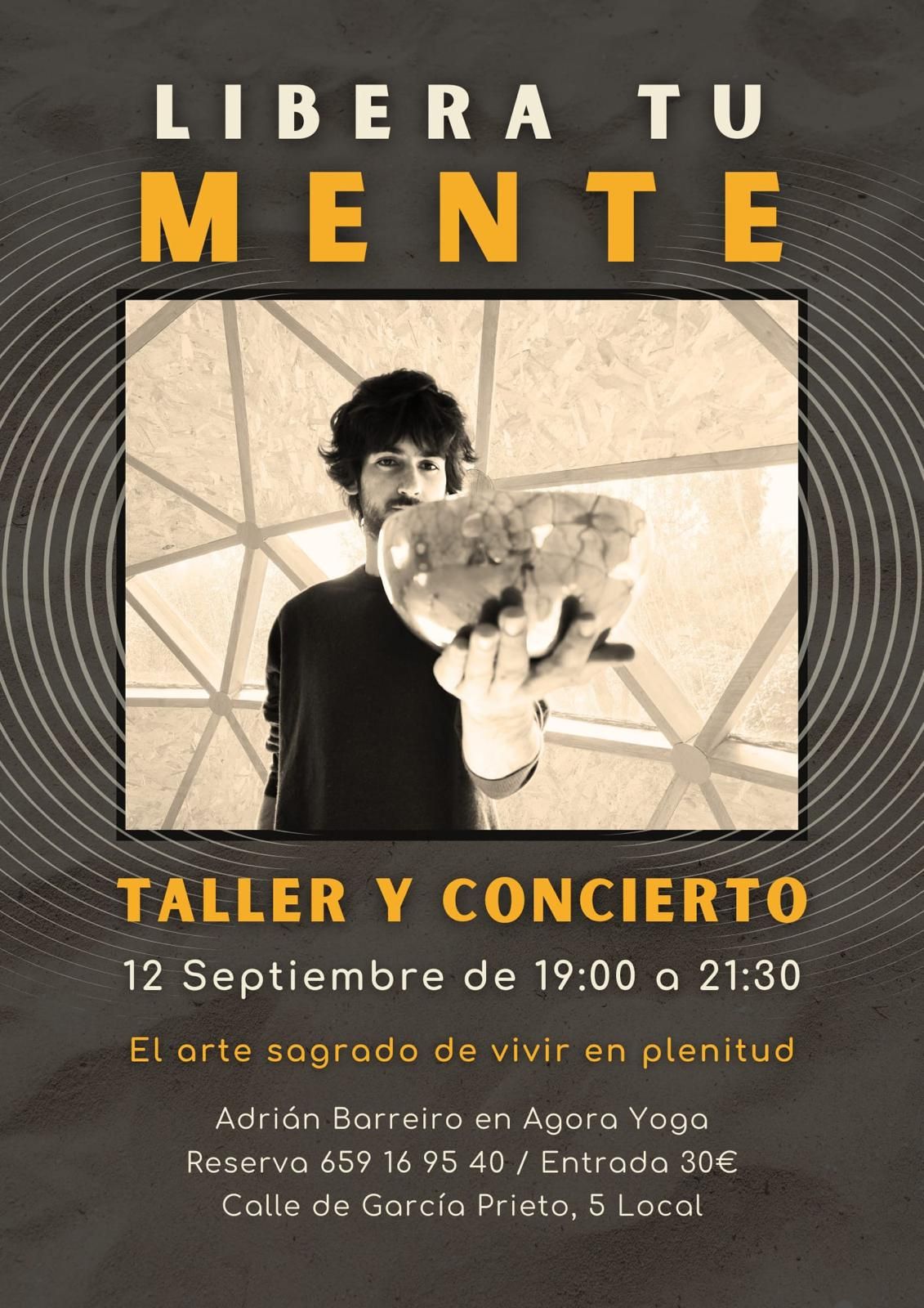 Poster for a workshop and concert. A man holds a bowl. Text: 
