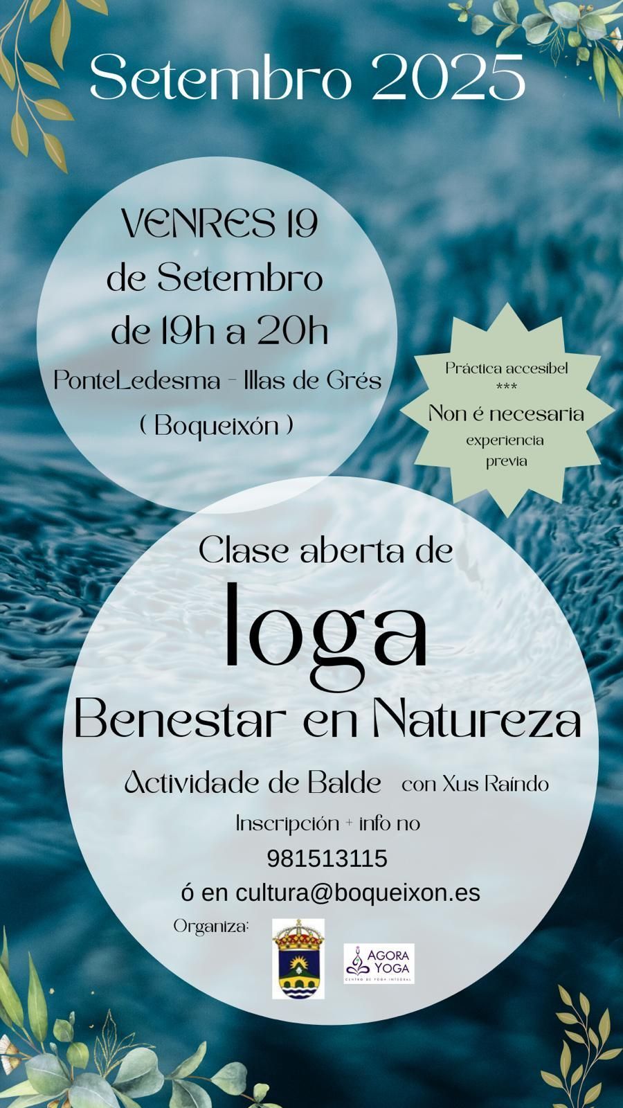 Convocatoria de clase de yoga: 19 de septiembre de 2025, 11h-20h en Boqueixón, clase abierta de yoga, naturaleza y bienestar.