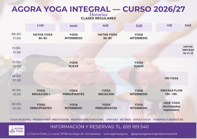 Horario de clases de yoga, con horarios y tipos de yoga ofrecidos para cada día de la semana.