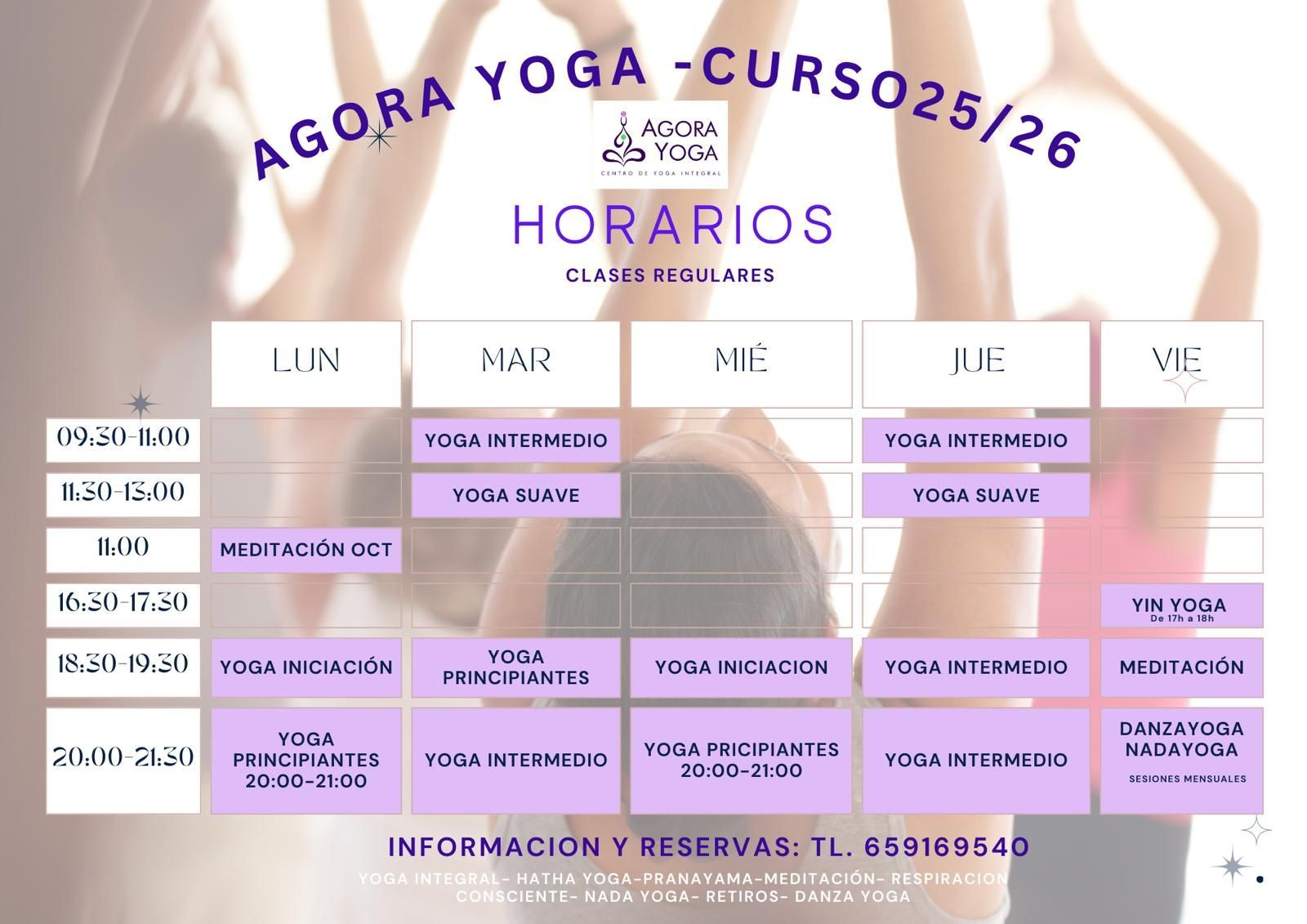 Horario de clases de yoga, con horarios y tipos de yoga ofrecidos para cada día de la semana.