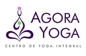 Logotipo morado: figura de yoga con puntos de chakra de colores, texto "Agora Yoga", "Centro de Yoga Integral" debajo.