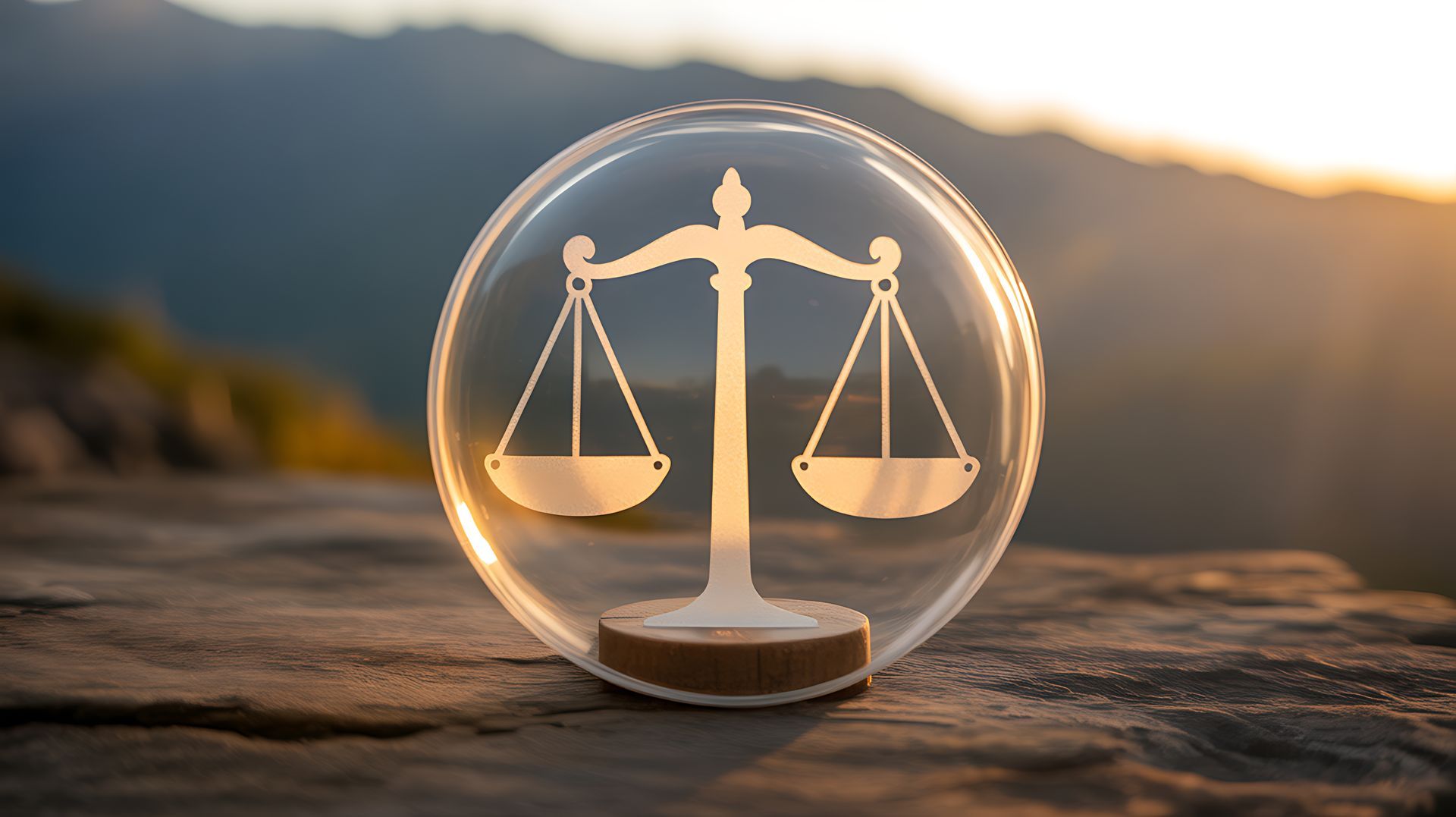 Eine Justitia-Waage in einer durchsichtigen Kugel, auf einer verwitterten Holzoberfläche vor einer Bergkulisse.